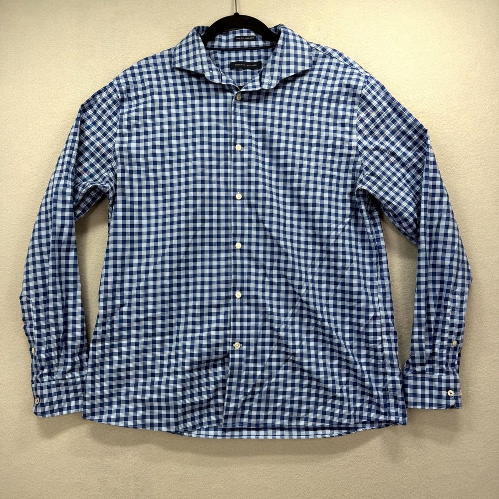 Tommy Hilfiger Dress Shirt Mens 17 Blue Gingham Check Slim Fit Non-Iron Oxford